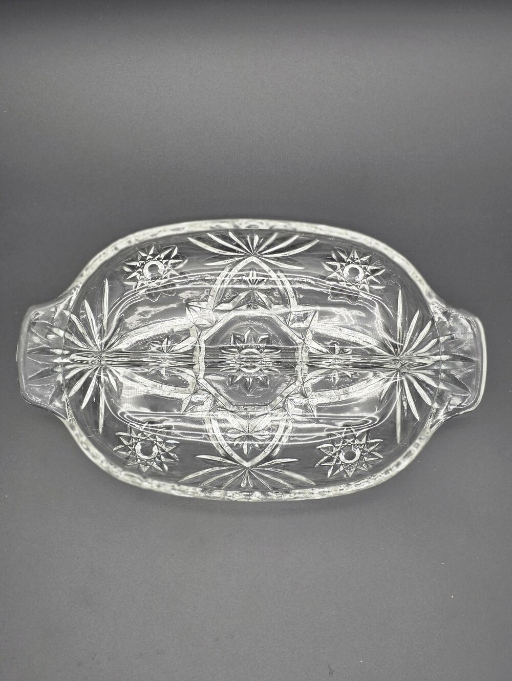Vintage Anchor Hocking Oval Clear Cut Glass Serving platter w Starburst Pattern